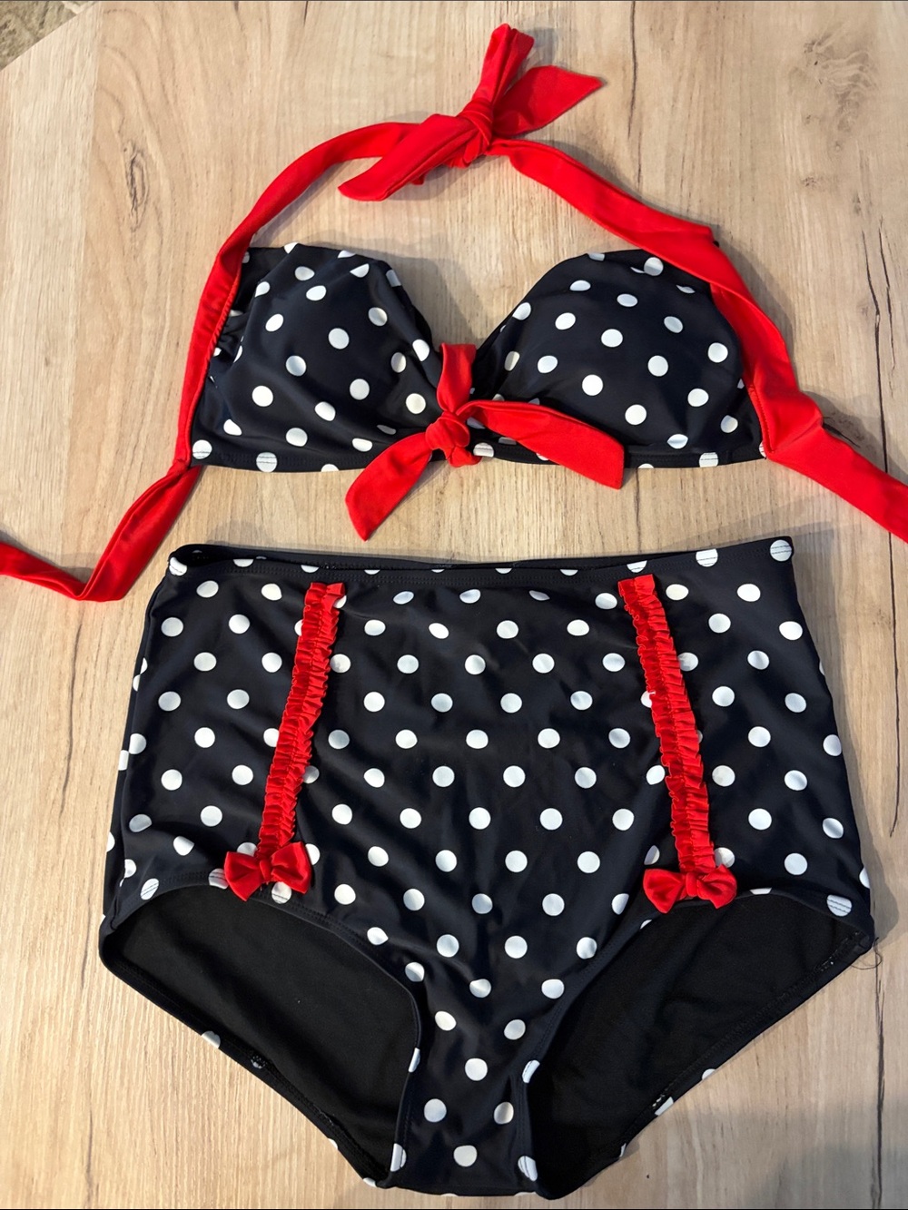 Too Fast Black Polka Dot Retro High Waist Bikini Set Size Medium Large